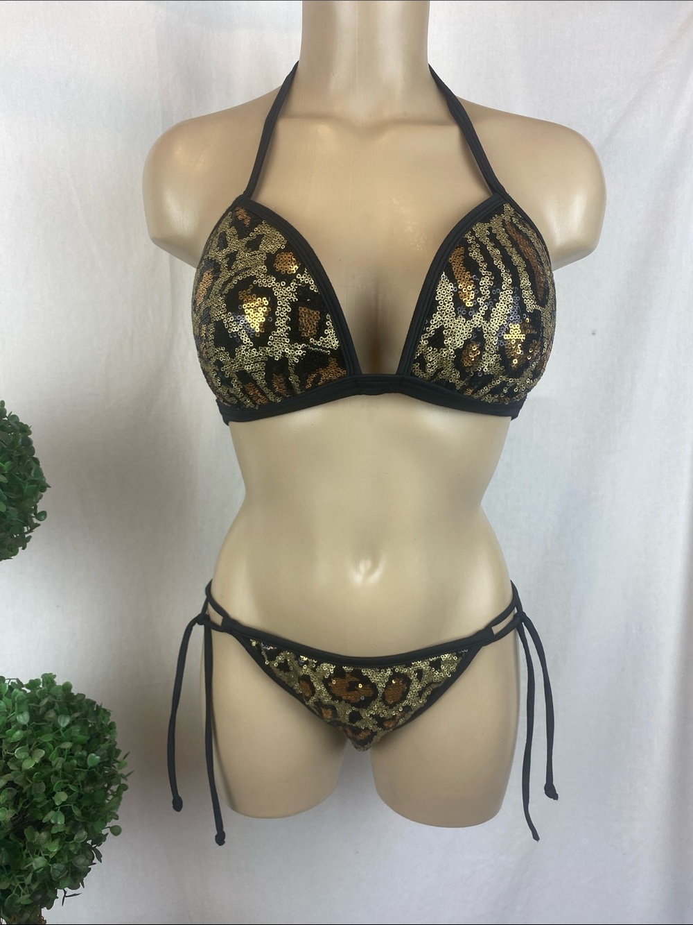 Venus Black & Gold Sequins Animal Print Bikini 2 Piece Swim Bathing Suit Set 6/D